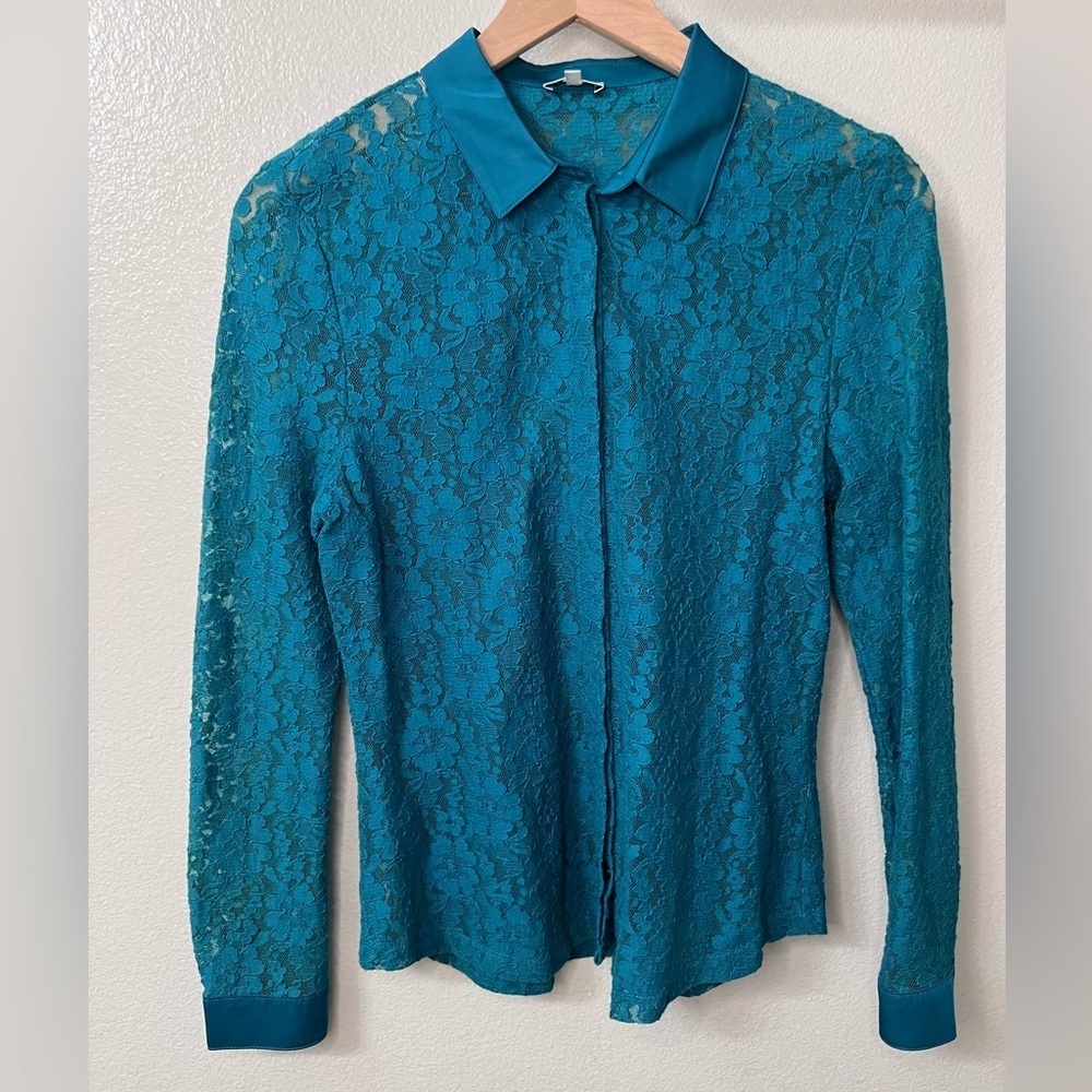 Kettlewell Teal Floral Lace Button-Up Long Sleeve Blouse Small